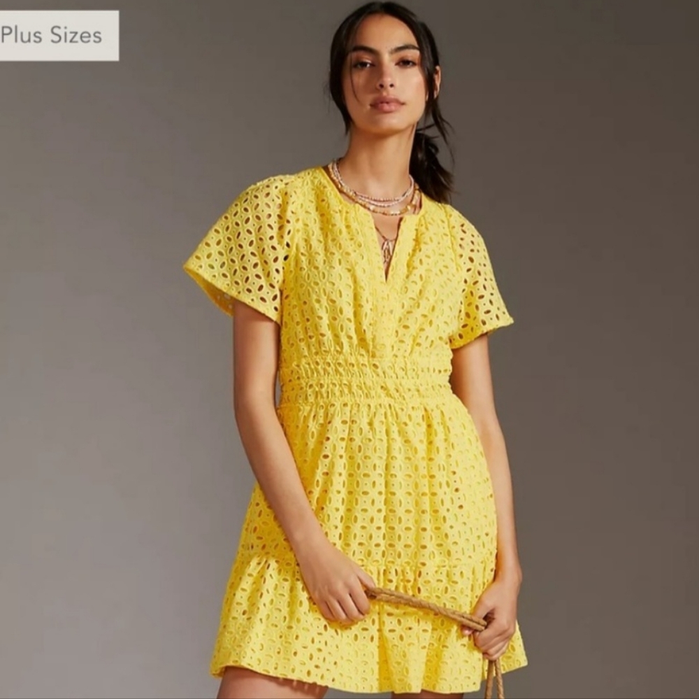 Anthropologie eyelet yellow dress, extra small petite, tags on / never worn!